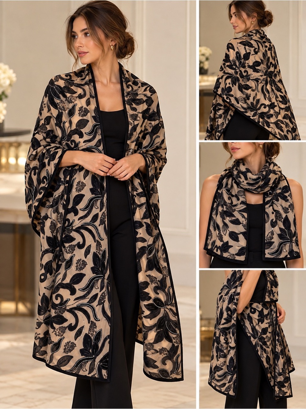 New Luxury Navy & Black Velvet Embroidered Tulle Shawl 26x76 Limited Designed